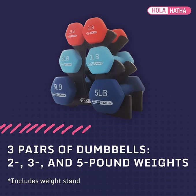 HolaHatha 1, 2 and 3 lb Neoprene Dumbbell Strength Training Weight Set with Rack