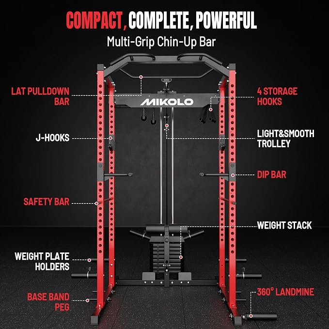 Mikolo F4 2.0 Power Cage with Dual-Track Smooth Pulley System, 1200LBS Power Rack with Leg Hold-Down for Heavy LAT Pulldowns
