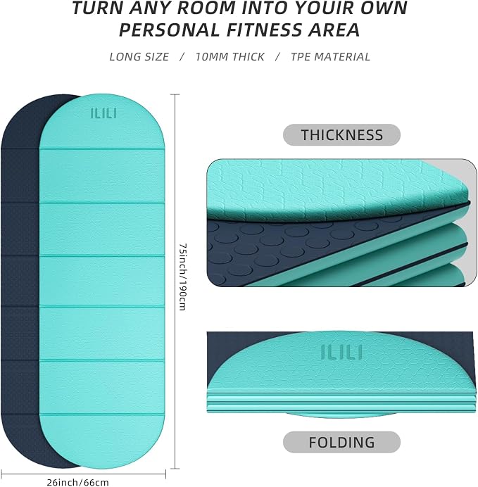 ILILI Foldable Yoga Mat-Semicircular, 10mm Thick, TPE Material, Extra Long 75"L x 26"W, Soft and Comfortable Folding Oval Mat 0.4 Inches, Easy to Carry and Store, 190*66cm Portable Multi-Functional Use for Yoga, Home Exercise & Outdoor