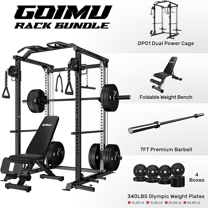 DP01 Power Cage, 2000LBS Squat Rack with Cable Crossover and Dual Independent Pulley System, Full Cage for Full Body Training, Power Rack with More Training Attachments for Home Gym