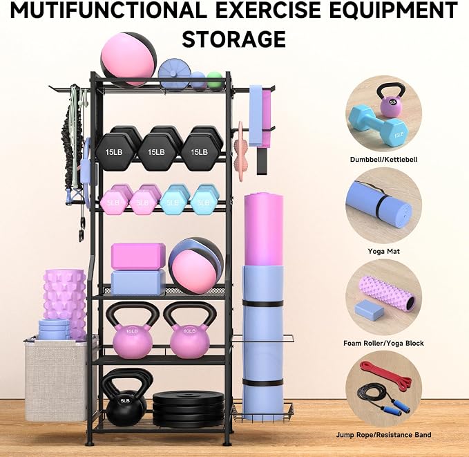 Dumbbell Rack, Home Gym Storage for Kettlebells, Yoga Mat & Strength Training Equipment, Weight Rack With Peg Board Organizer, Workout Gym Equipment Storage