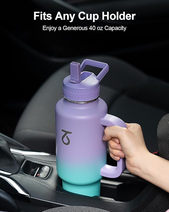 Trebo Insulated Water Bottle 40 oz Fits in Car Cup Holder with Side Handle | Stainless Steel Metal Tumbler with Straw Spout Lids, Triple-Wall Vacuum Copper Plated, Cold 48 Hrs Hot 24 Hrs for Travel, Gym