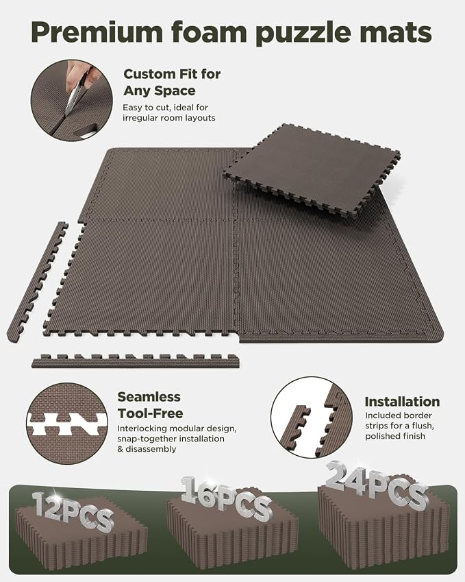 1/2" Thick 16 Pcs 64 Sq Ft EVA Foam Puzzle Exercise Mats, High-Density Interlocking Foam Floor Tiles for Home Gym, Gym Mat for Workout Equipment & Direct Exercise, Floor Padding for Kids