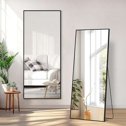 56"x18" Full Length Mirror, Black Floor Mirror with Stand | Rectangular, Hanging or Leaning Against Wall, Aluminum Alloy Frame, Tempered Glass, for Bedroom Living Room Dorm