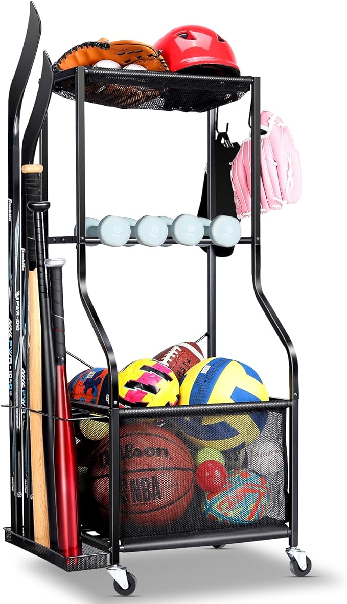 EXTCCT Sports Equipment Garage Organizer - Rolling Ball Storage with wheels, 3-Tier Sports gear Storage Rack Indoor & Outdoor Balls Cart with Hooks for Home, Garage (Black)