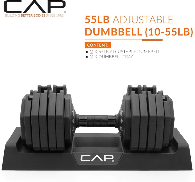 CAP ADJUSTABELL Adjustable Dumbbell Set, Premium Quick Select Adjustable Weights for Strength Training, Singles & Pairs, 12.5 LB, 25 LB & 55 LB, Round & Hex Dumbbells, Multiple Grip Handle Options