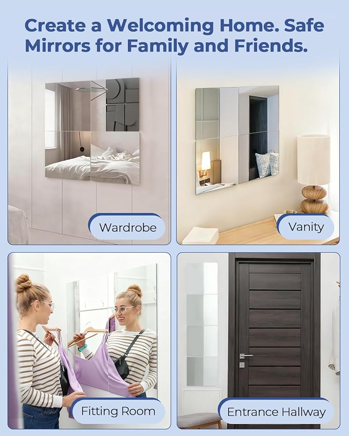 4 Pcs 16" x 16" Acrylic Flexible Mirror Sheets, Peel and Stick Mirror Tiles on Mirrors for Wall, Full Length Body Mirror for Home Gym, Bedroom, Door and Bathroom Decor