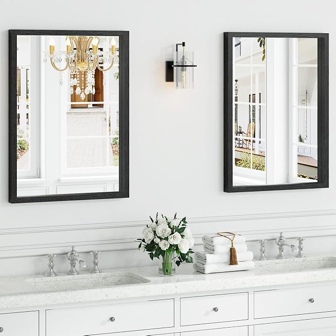 Syndra Black Wood Frame Bathroom Mirror, 22''x30'' Modern Vanity Mirror for Wall, Waterproof Slim Deep Frame, Rectangular HD Tempered Glass Mirror for Living Room, Bedroom, Entryway, Rustic, Farmhouse
