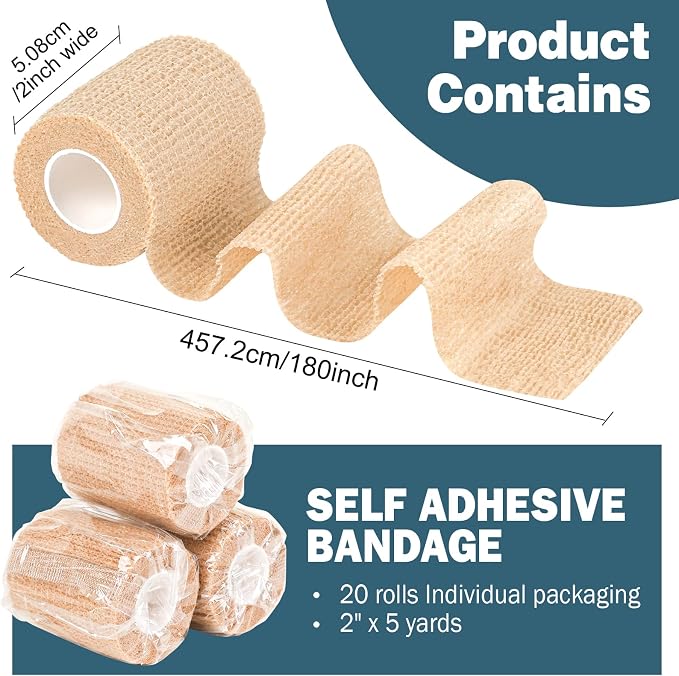 AZEN 20 Pack Self Adhesive Bandage Wrap, Elastic Cohesive Bandage Wrap, Skin Color Athletic Tape, Vet Wrap, Ankle Tape