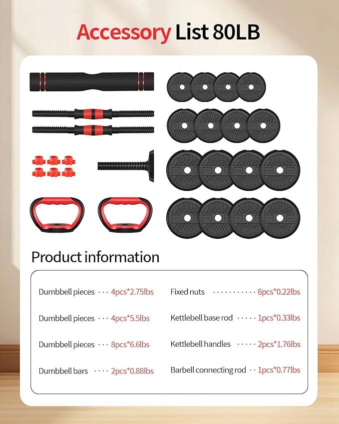 Adjustable Dumbbells,20/30/40/60/80lbs Free Weight Set with Connector, 4 in1 Dumbbells Set Used as Barbell/Kettlebells/Push up Stand, Fitness Workout Equipment for Home Gym for Youth,Women/Men