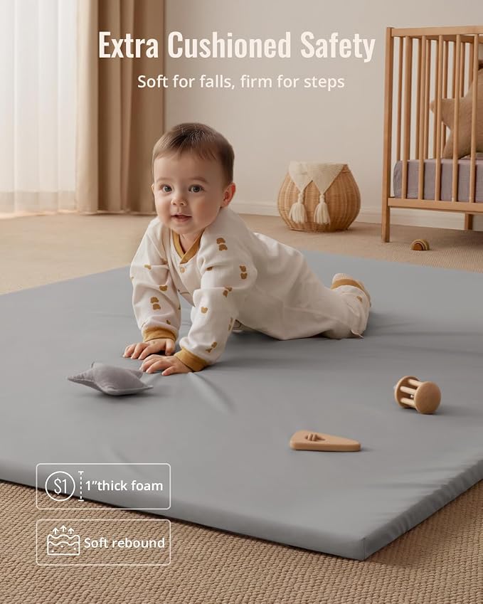 Blissful Diary Vegan Leather Baby Play Mat, 71''x59'', Light Gray | thick cushion, safe and soft fabric, waterproof and wip clean, indoor use, non-slip bottom, stylish mordern decor