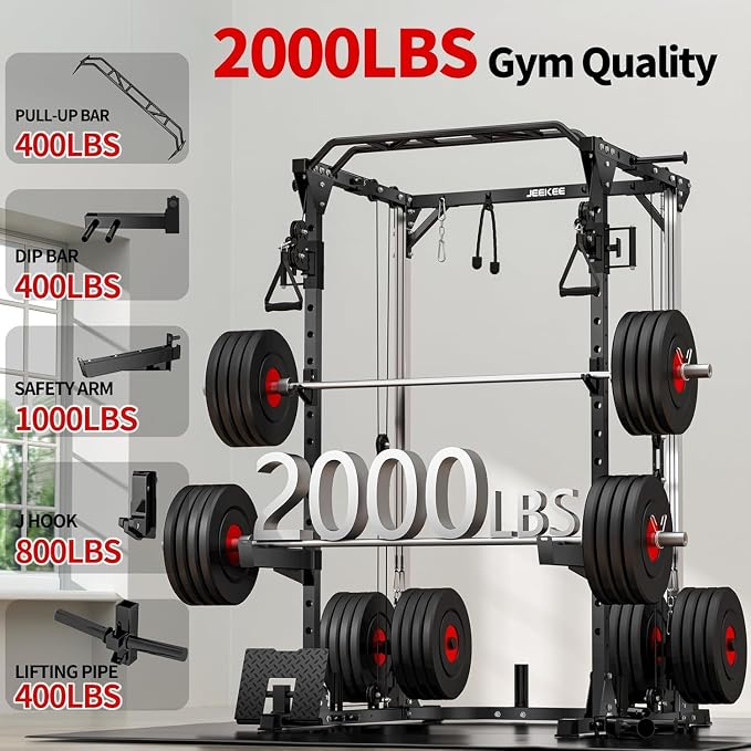 JEEKEE Power Cage with Cable Crossover System, 2000LB Multi-Function Power Rack with Independent Dual Pulleys, LAT Pulldown Seat Cushion, 20+ Attachments Squat Rack for Home Gym Workout,Black