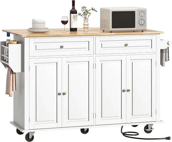 Hlivelood 59.1" Movable Kitchen Island with Drop Leaf and Power Outlet, Rolling Island Cart w/Storage Cabinet, Island Table on Wheels for Kitchen w/2 Drawers, Spice Rack, Towel Bar, Garage Hook, White