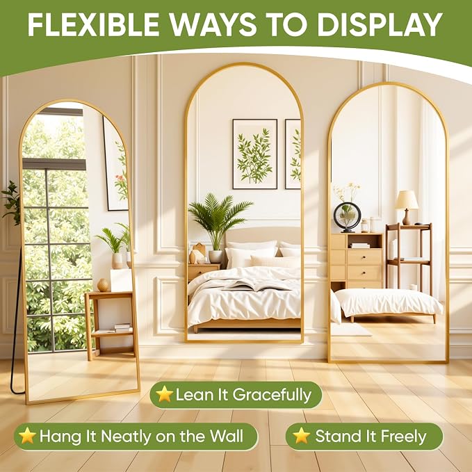 Full Length Mirror 72" L x 44" Full Body Standing Mirror for Bedroom, Living Room, Gym, Dorm - Shatter-Resistant & Easy Assembly, Arched Style Gold