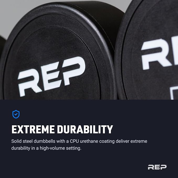 REP Fitness Urethane Coated Round Dumbbells, 5 to 100 lbs, Singles or Pairs, With or Without Rack, Steel Core, Rubber Encased, Chrome Handles, Professional Weights for Home Gym Strength Training