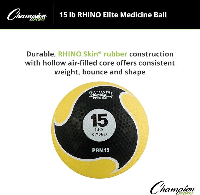 Champion Sports Rhino Elite Medicine Ball – Textured Surface, Superior Grip, Hollow Synthetic Rubber for Consistent Bounce & Durability, Multiple Weights & Colors - Optional Rebounder Sold Separately