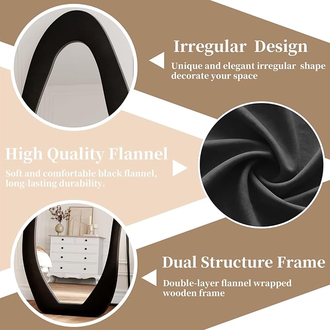 Full Length Mirror, 71"x30" Flannel Floor Mirrors with Stand | Irregular Wavy Mirror, Full Body Tempered Glass Mirror Hanging or Leaning Wall for Bedroom Living Room, Black