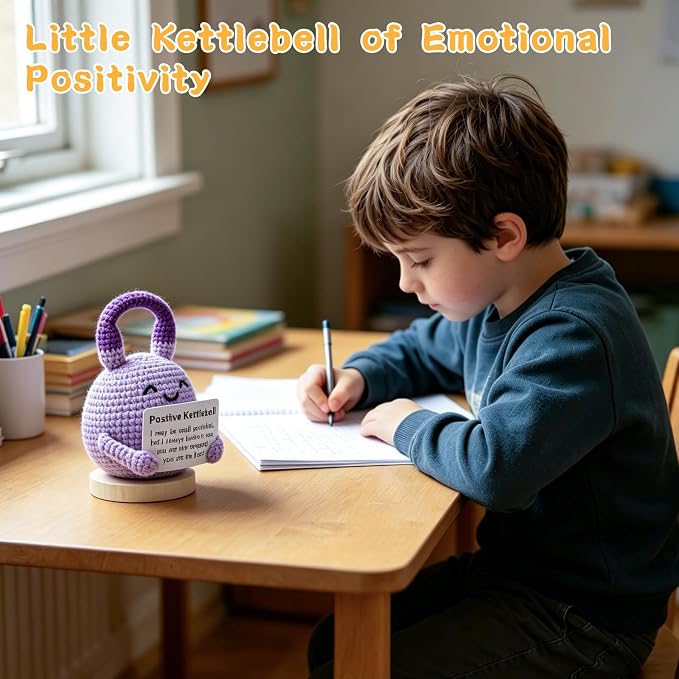 Crochet Knitted Kettlebell, 3.54 Inch Positive Kettlebell with Encouraging Card, Unique Fitness Themed Gift for Home Office Room Desktop Decoration