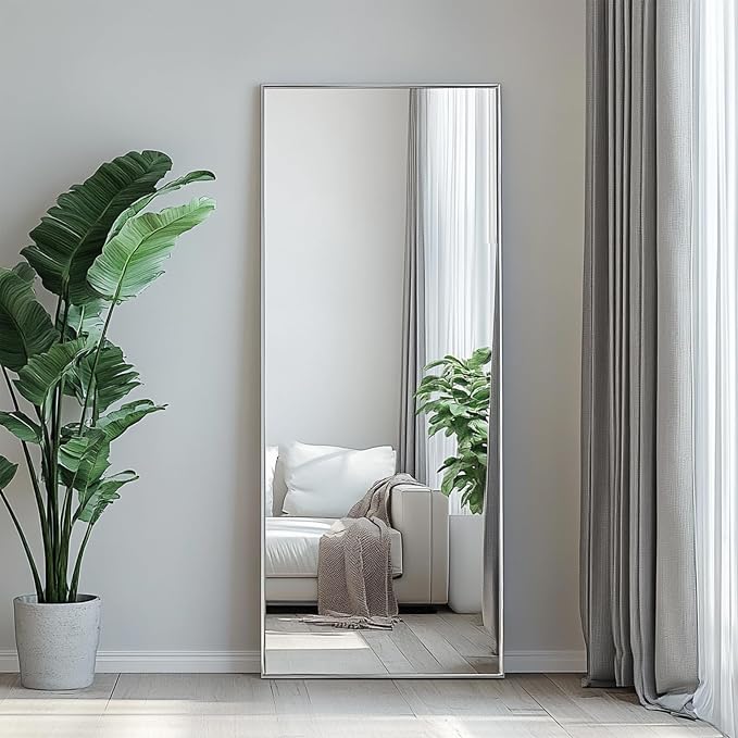 Standing Mirror Full Length, 56x18 inch Silver Floor Length Mirror | Nickel Brushed Metal Frame, No Distortion, Silver Body Mirror for Bedroom, Living Room, Entryway, Bathroom, Dressing room