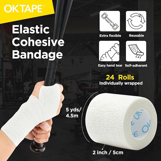OK TAPE 24 Rolls Self Adhesive Bandage Wrap, Cohesive Elastic Athletic Tape | Vet Wrap, Sports Tape, Medical Wrap for Wrist, Feet, Self Stick Bandage Tape, 2" x 5 Yards - White