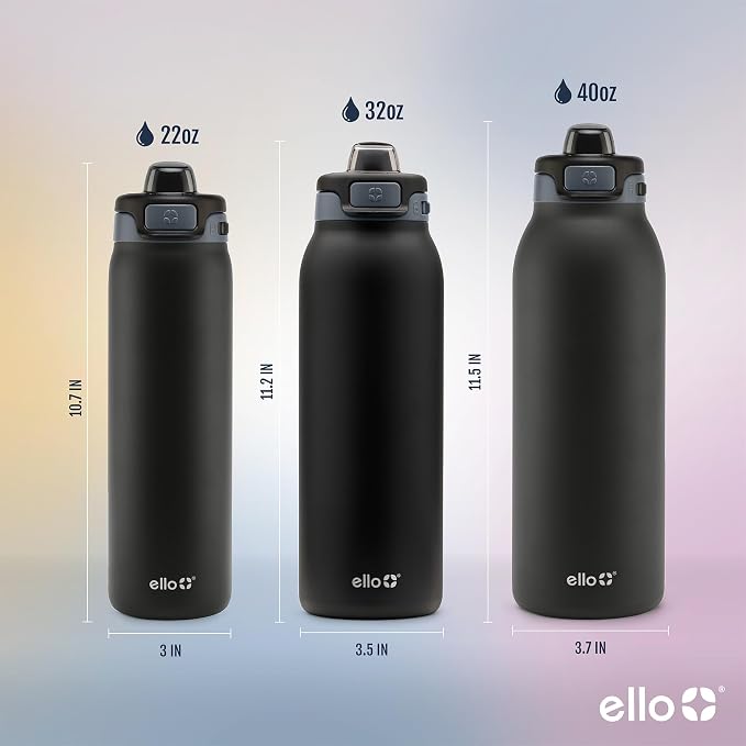 Ello Pop & Fill Insulated Stainless Steel Water Bottle with Quick Fill Lid, Leakproof Locking, Sip or Chug Spout, BPA-Free, Double Wall Vacuum Insulated for Sports, Travel & School- 22oz / 32oz / 40oz