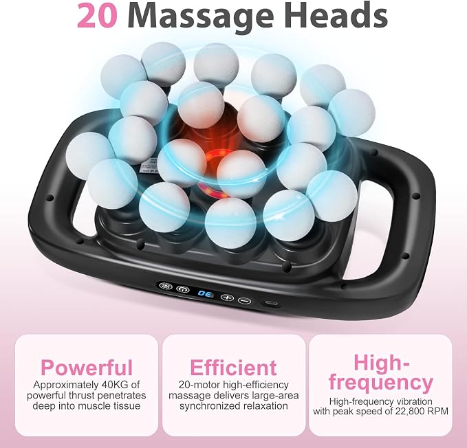 20-Head Deep Tissue Percussion Massage Gun, Portable Handheld Massager | 3 Modes & 30 Speeds, Full Body Muscle Relaxation Tool with Type-C Fast Charging, Quiet Design for Home Gym Office