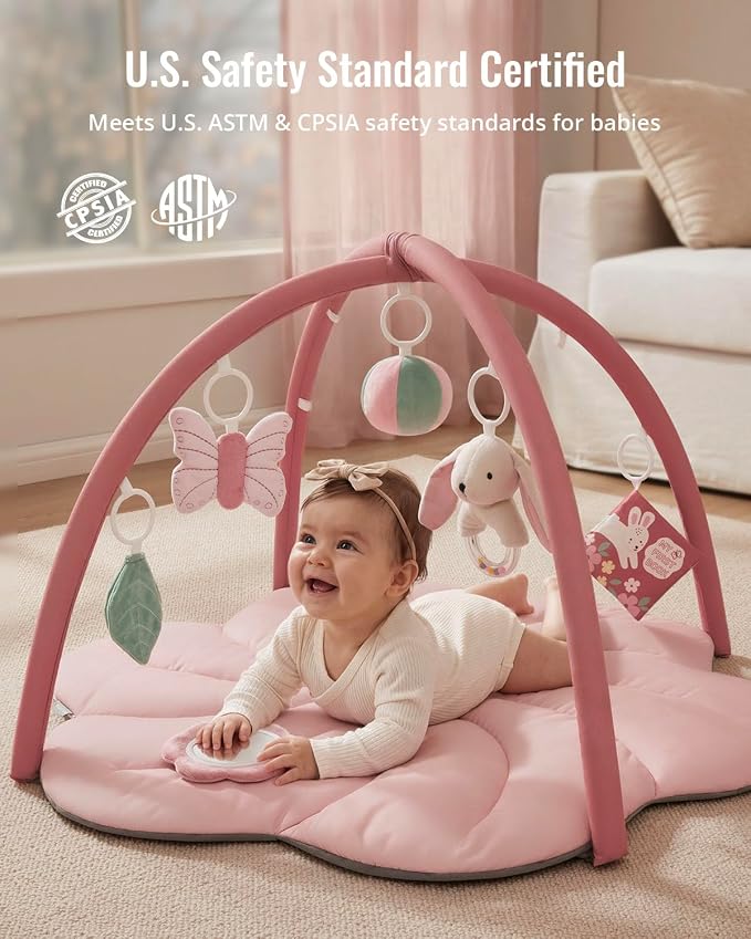 Blissful Diary Baby Play Gym Mat, Tummy Time with 6 Detachable Toys for Sensory & Motor Skill Development, Baby Activity Mat for Girl Boy Newborn Essentials Shower Gift, Pink Floral