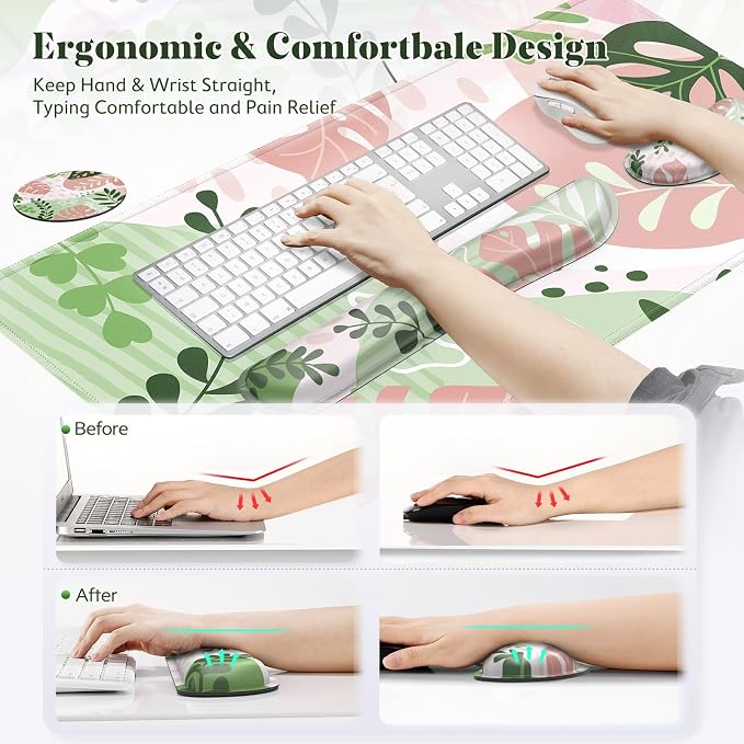 Gimars 4 in 1 Mouse Pad and Keyboard Wrist Rest Set, Large Mouse Pad with Memory Foam Wrist Support Pad for Desk with Coaster, Easy Typing Pain Relief, Gaming Office Home, 31.5x12 inch, Morandi Pink