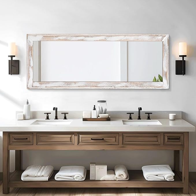 AAZZKANG Wall Mirror Full Length Rustic Wood Framed Large 47"x16" | Rectangular Full Body Mirrors Decorative for Bedroom Living Room Bathroom Entryway White
