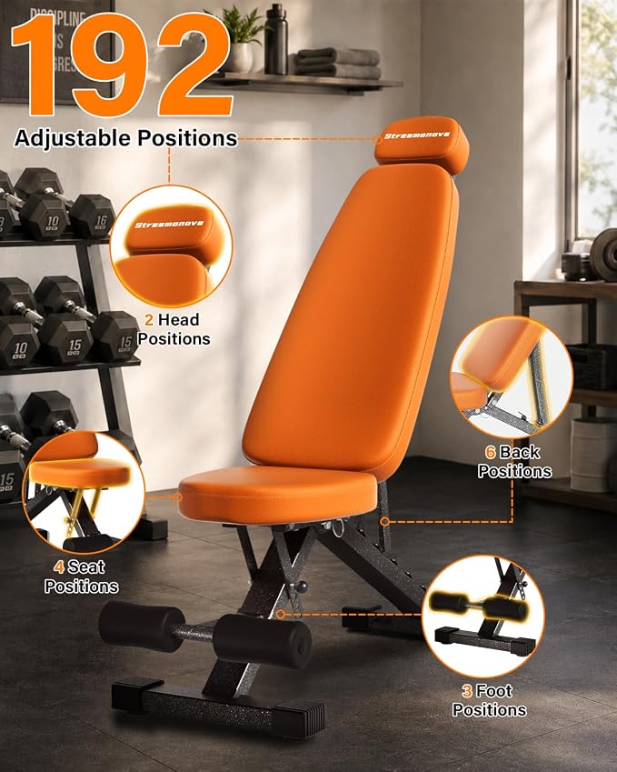 Fitness Bench, Adjustable, Comfortable, Fashionable, Foldable and Extended Headrest with 192 Positions Incline Decline 900LBS Home Gym Bench for Strength Training