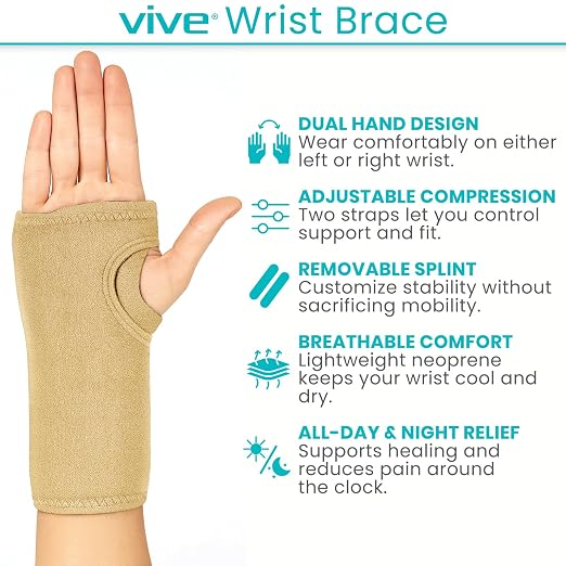 Vive Wrist Brace - Carpal Tunnel Hand Compression Support Wrap for Men | Women, Tendinitis, Bowling, Sports Injuries Pain Relief - Removable Splint - Universal Ergonomic Fit (Beige, Right)