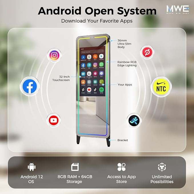 Smart Fitness Mirror, 32 Inch HD Touchscreen, 63 Inch Full-Length Workout Mirror, Android 12, RGB Music Sync, Wall Mount/Stand