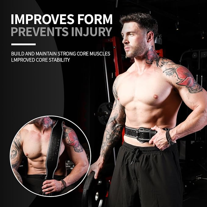 Leather Weight Lifting Belt, 4”& 6”Padded Lumbar Back Support, 10 Adjustable Holes, Gym Weight Belt Ideal for Deadlift, Powerlifting, Bodybuilding and Squat