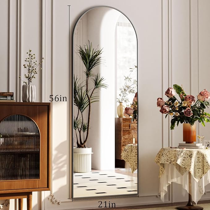 Arched Full Length Mirror 56"x21" Leaning Hanging Decor Black | Standing Body Mirror with Aluminum Frame for Bedroom Cloakroom Living Room Make-up Gift