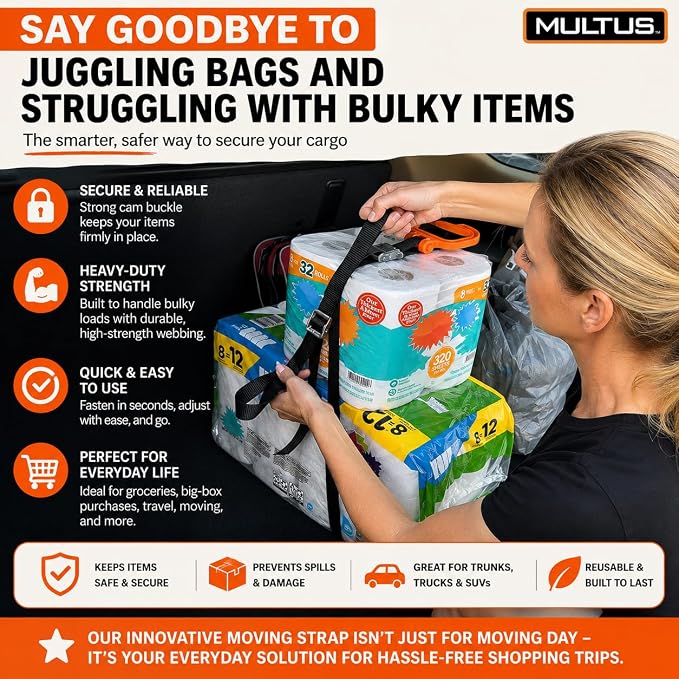 MULTUS Handle and Haul Moving Strap, 1 Handle - 1-Person Lift | 250 lb capacity, adjustable cam buckle; carries boxes, furniture, camping & hunting gear solo