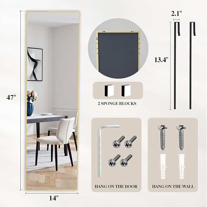 DUMOS 47"x14" Full Length Door Mirror, Full Body Mirror, Gold | Aluminum Alloy Thin Frame, Leaning or Hanging, Suitable for Bedroom, Livingroom, Cloakroom