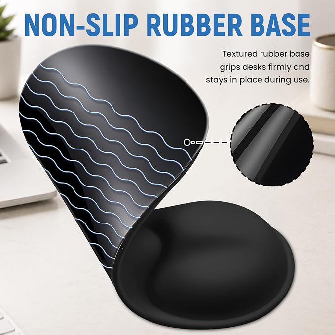 Ergonomic Mouse Pad with Wrist Rest, Gel Wrist Support, Black | 10.2 x 7.6 in Mouse Pad with Smooth Fabric Surface and Non-Slip Rubber Base for Office, Home, Study, and Gaming