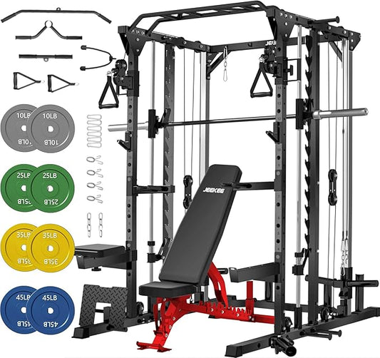 JEEKEE Power Cage with Cable Crossover System, 2000LB Multi-Function Power Rack with Independent Dual Pulleys, LAT Pulldown Seat Cushion, 20+ Attachments Squat Rack for Home Gym Workout,Black