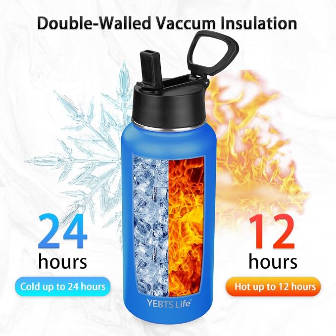 Insulated Water Bottle With Straw,32 oz Vacuum Insulated Stainless Steel Sports Water Flask,Keeps Cold and Hot,Metal Water Bottle Wide Mouth for Gym Travel Camping (Ocean blue)