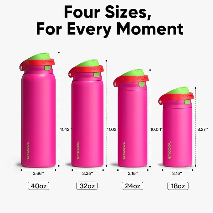 ENCOOL Leakproof Insulated Water Bottle with Straw Dual-Sip Water Bottle Bag-Safe Design for Work, Commute & Gym – Keeps Drinks Cold All Day, 18 oz, Neon Pink
