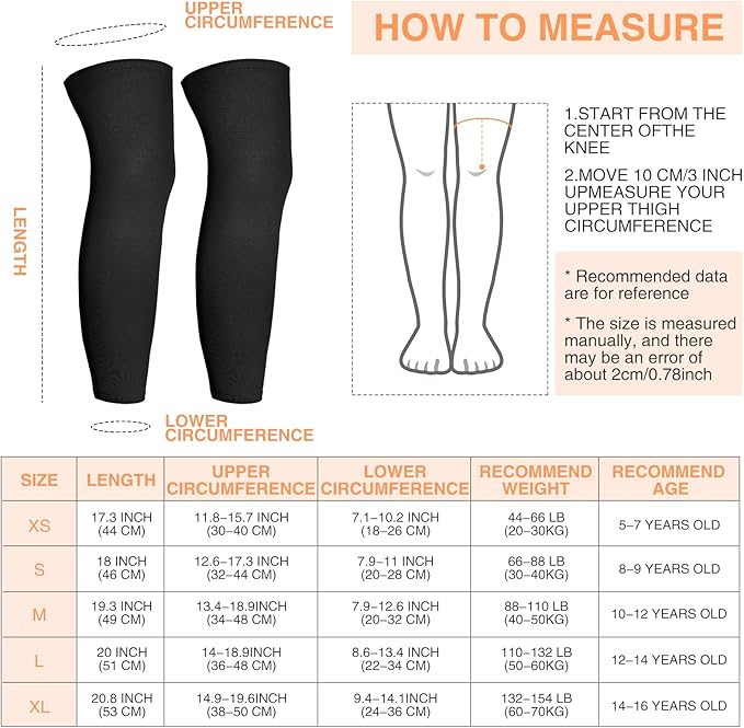 Geyoga 2 Pairs Kids Long Compression Leg Sleeves Long Knee Sleeves UV Protection for Boy Girl Youth Basketball Running Sport