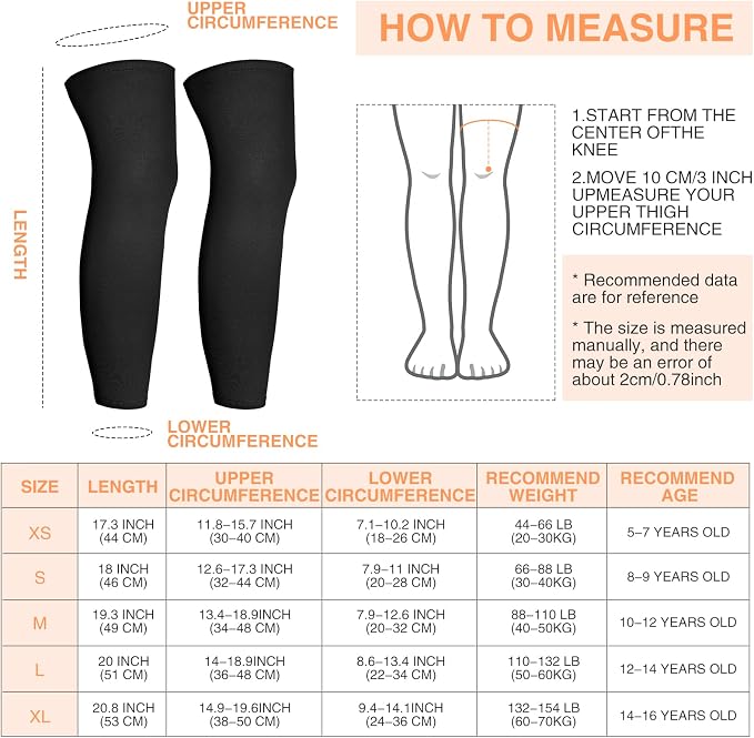 Geyoga 2 Pairs Kids Long Compression Leg Sleeves Long Knee Sleeves UV Protection for Boy Girl Youth Basketball Running Sport