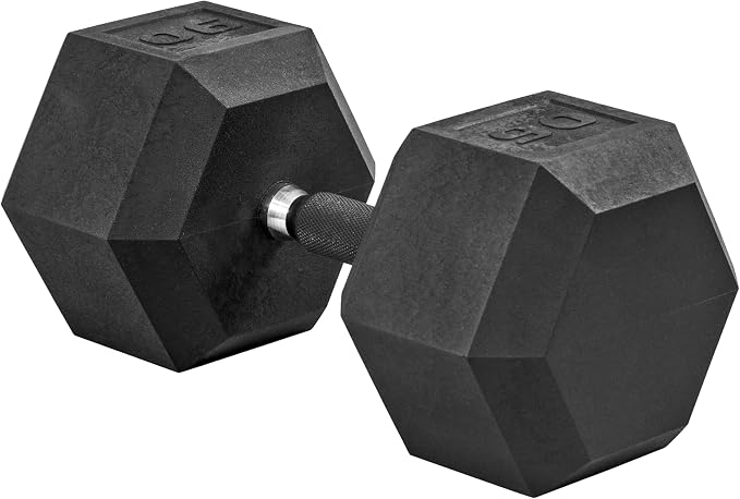 CAP Rubber Coated Dumbbell Weights, Free Weights for Home Gym Strength Training, Anti-Roll Hex Dumbbells with Black, Chrome & Comfort Grip Handles, Singles