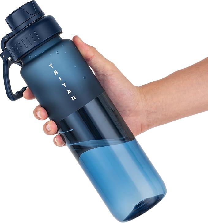 OLDLEY 32oz Water Bottle with Handle, BPA-Free Tritan Reusable Sports Water Bottle with Leak-Proof Dust Lid, Wide Mouth, Cup Holder Friendly, Half Frosted Clear Bottle for Gym, Travel, Work,Navy Blue