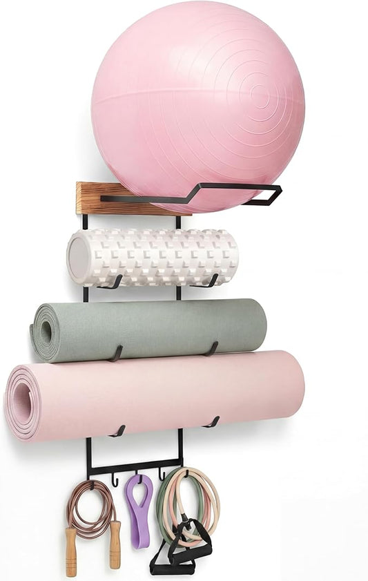 Yoga Mat and Ball Holder Wall Mount, 4-Tier Yoga Mat & Ball Storage Rack, Home Gym Organizer, Black Metal Floating Shelf for Hanging Foam Rollers & Resistance Bands(5 Hooks Style,Wood Color)