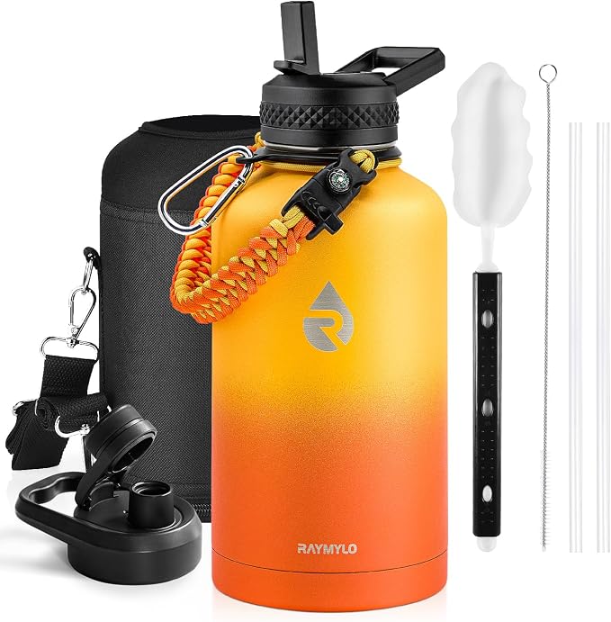 RAYMYLO Insulated Water Bottle 64 oz, Triple Wall Vacuum Stainless Steel (Cold for 48 Hrs), Leak Proof & Non-BPA, Half Gallon Water Flask Jug with Paracord Handle & Straw Spout Lids, Ombre Orange | (Cold for 48 Hrs), Leak Proof & Non-BPA, Half Gallon W...