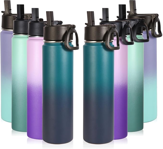 Volhoply 24oz Insulated Water Bottle With Straw Bulk 8 Pack,Metal Wide Mouth Water Bottles With Handle Keep Cold,Reusable Double Wall Cups,Powder Coated Sport Bottle For Holder(Assorted,8 count)