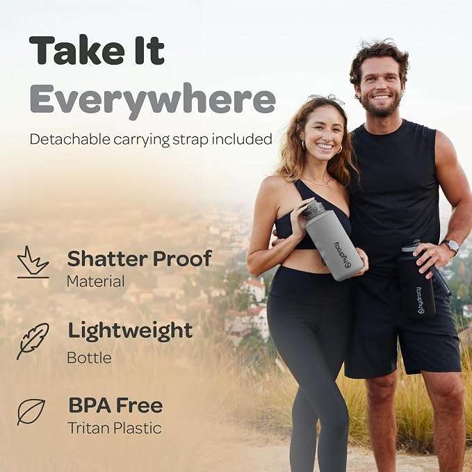 Hydracy 2L Large Water Bottle, Shatterproof, BPA Free Tritan Plastic, Leakproof, Zero Condensation, With Detachable Carry Strap, Spillproof Lid, Convenient Silicon Spout, Ideal for Gym, Yoga | Leakproof,BPA Free,No Sweat Neoprene Sleeve,Carry Strap,Dai...