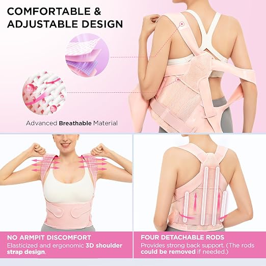 Vicorrect Posture Corrector for Women and Men: Adjustable Back Brace for Upper Back Support & Shoulder Neck Pain Relief - Lightweight Breathable Design (Pink Small)