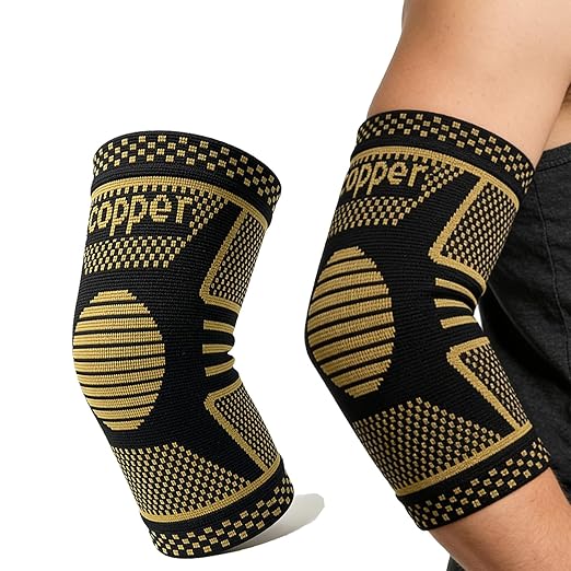 Copper Elbow Compression Sleeve, Tennis Elbow Brace for Men and Women, 4-Way Stretch, Pain Relief, Recovery, Arthritis, Tendonitis, Bursitis (Black-Copper, X-Large)